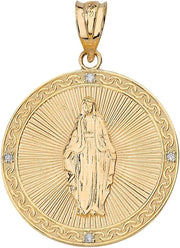 [14K] Yellow Gold Blessed Virgin Mary Miraculous Medal Diamond Necklace