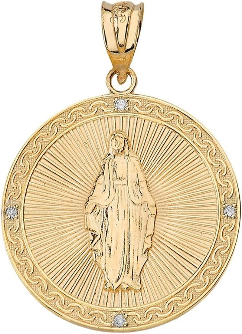 [14K] Yellow Gold Blessed Virgin Mary Miraculous Medal Diamond Necklace