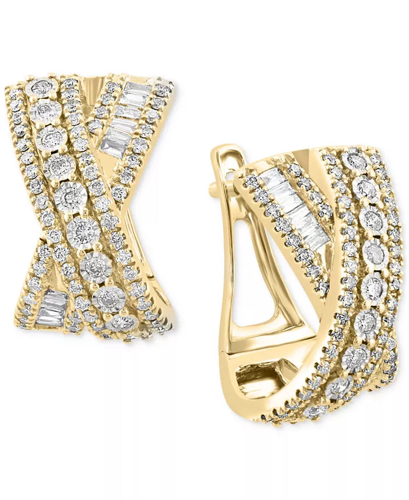 [14K, 7/8 Ct. T.W.] Two-Tone Gold Diamond Round & Baguette Crossover Huggie Hoop Earrings