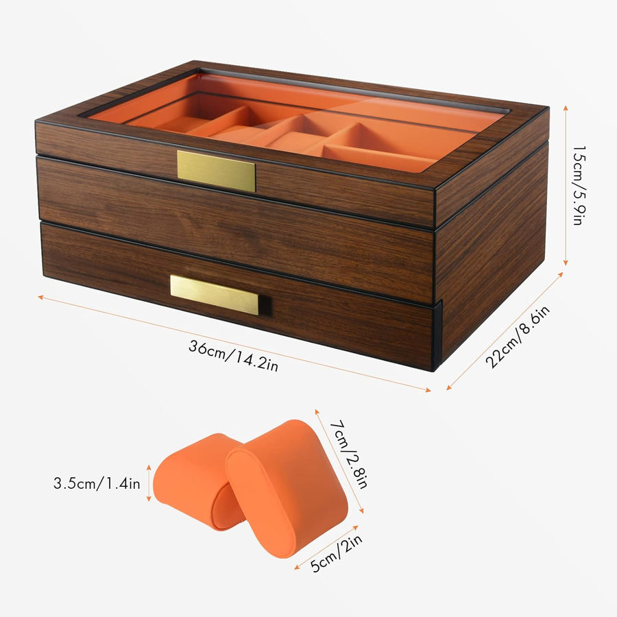 Luxury Wooden Men's Jewelry Box Organizer,  Watch Display Case Watch Holder with Drawer & Glass Lid for Sunglasses Rings Watches Storage, Gift for Men