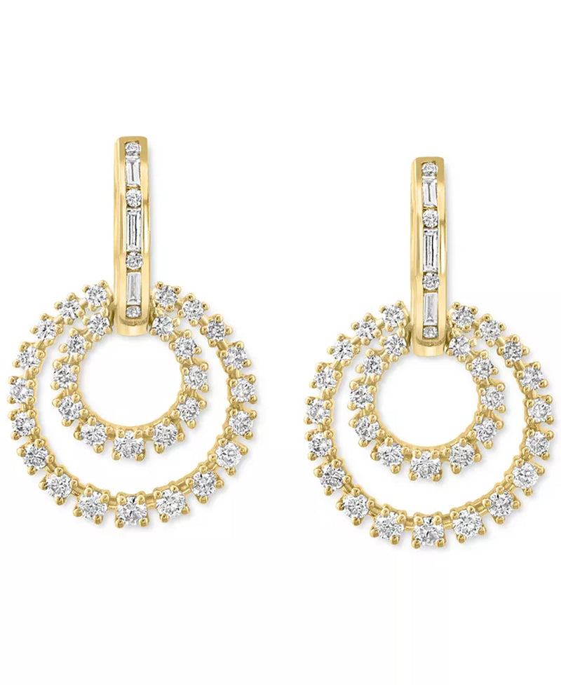 [14K, 1-3/8 Ct. T.W.] Gold Diamond Round & Baguette Circle Dangle Drop Earrings