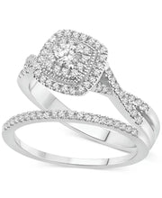 [14K, 5/8 Ct. T.W.] White Gold Diamond Cushion Halo Twist Bridal Set