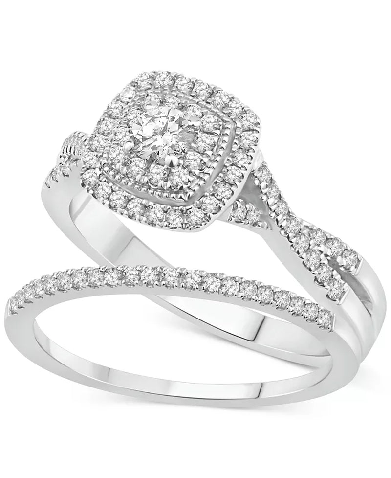 [14K, 5/8 Ct. T.W.] White Gold Diamond Cushion Halo Twist Bridal Set