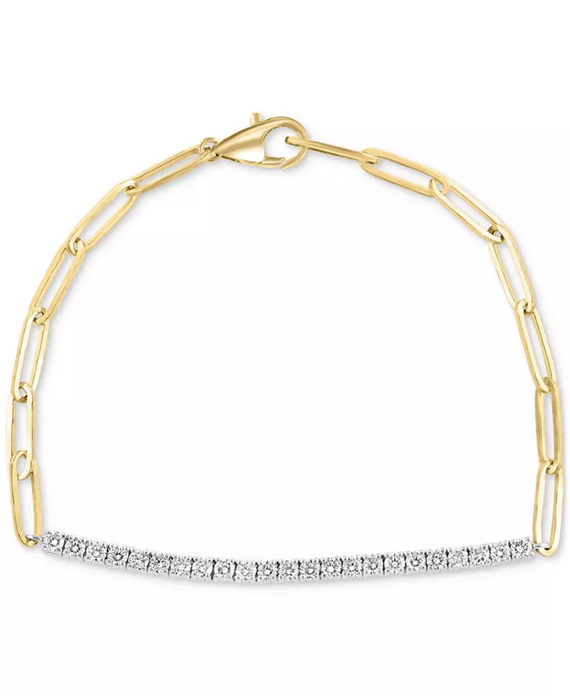 [14K, 7/8 Ct. T.W.] Two-Tone Gold Diamond Line & Paperclip Link Bracelet