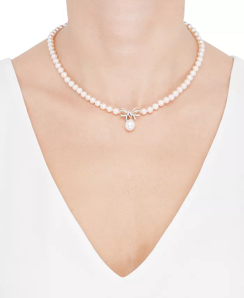 Cultured Freshwater Pearl (5 & 8-1/2Mm) & Diamond (1/5 Ct. T.W.) Ribbon 17" Collar Necklace in 10K Gold