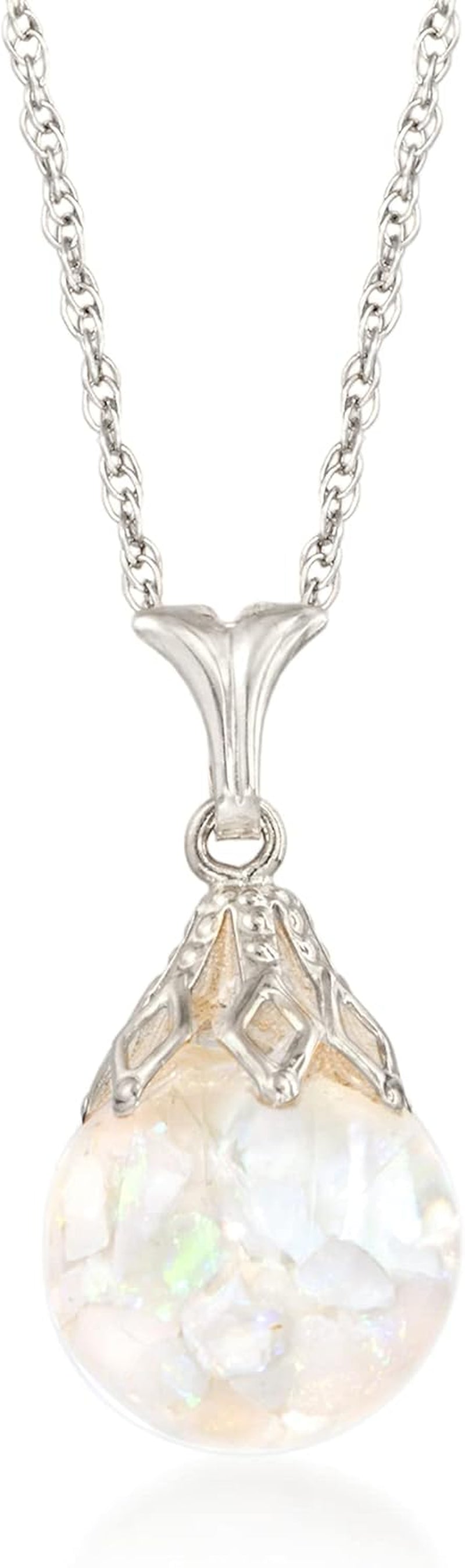 [14K] White Gold Floating Opal Pendant Necklace