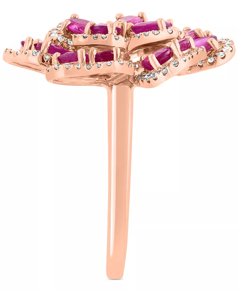 [14K] Rose Gold Ruby (3-3/4 Ct. T.W.) & Diamond (5/8 Ct. T.W.) Flower Ring 