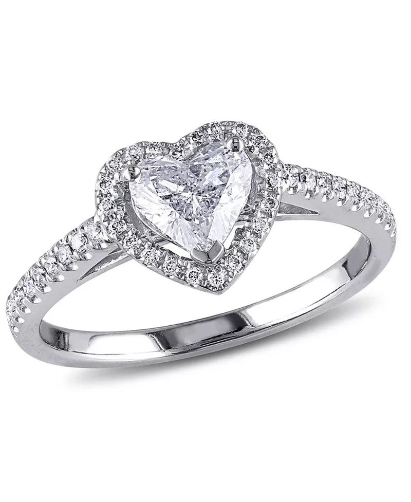 [14K, 7/8 Ct. T.W.] White Gold Certified Diamond Heart-Shape Halo Engagement Ring