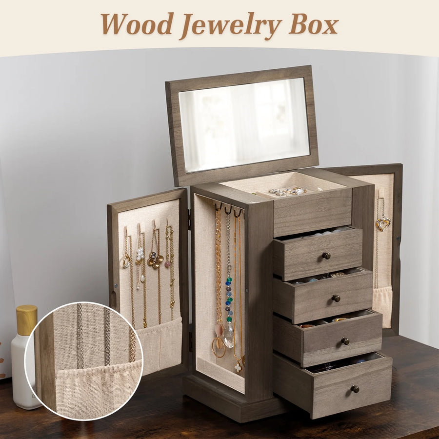 Jewelry Box for Women, 5 Layer Large Wood Jewelry Boxes & Organizers for Necklaces Earrings Rings Bracelets, Rustic Jewelry Organizer Box with Drawers and Mirror-Weathered Gray