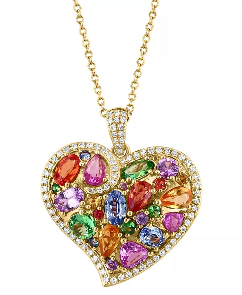 [14K] Gold Multi-Gemstone (3-3/4 Ct. T.W.) & Diamond (1/3 Ct. T.W.) Heart Cluster 18" Pendant