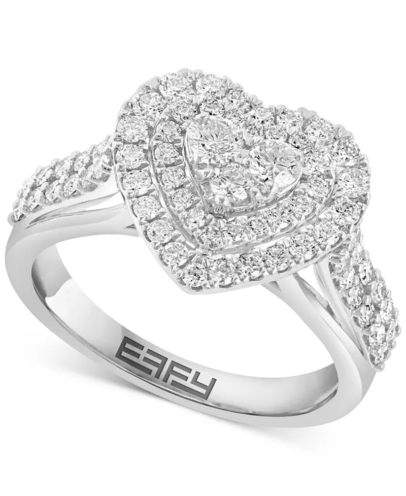 [14K, 1-1/20 Ct. T.W.] White Gold Diamond Heart Halo Cluster Ring