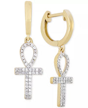 [10K, 1/6 Ct. T.W.] Gold Diamond Ankh Cross Dangle Hoop Earrings