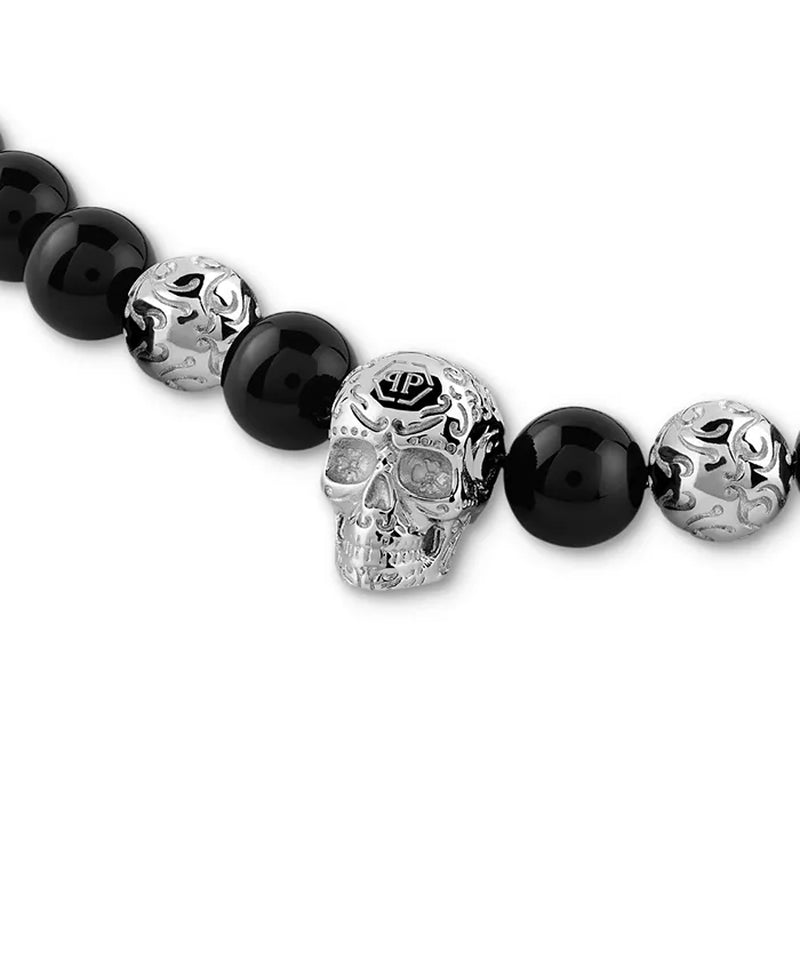 Men's Stainless Steel Black Skull Onyx Bead Necklace