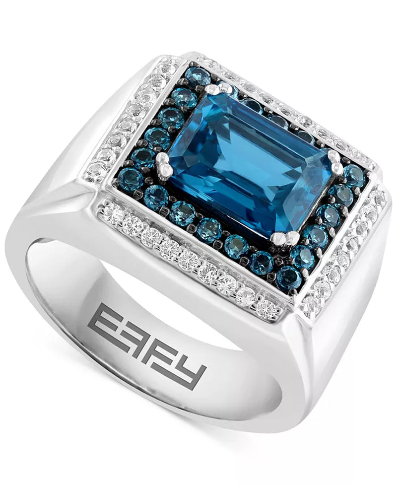 London Blue Topaz (4-1/2 Ct. T.W.) & White Topaz (1/3 Ct. T.W.) Rectangular Halo Ring in Sterling Silver