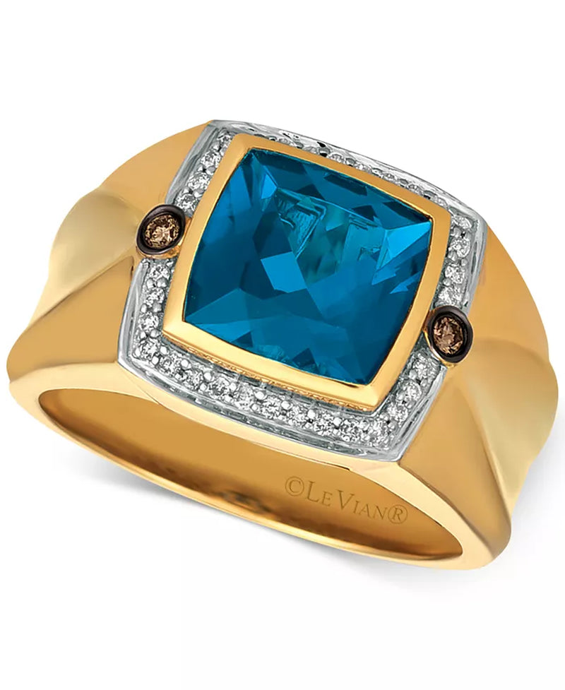 [14K, 4-1/8 Ct. T.W.]  Gold London Blue Topaz & Diamond (1/5 Ct. T.W.) Ring