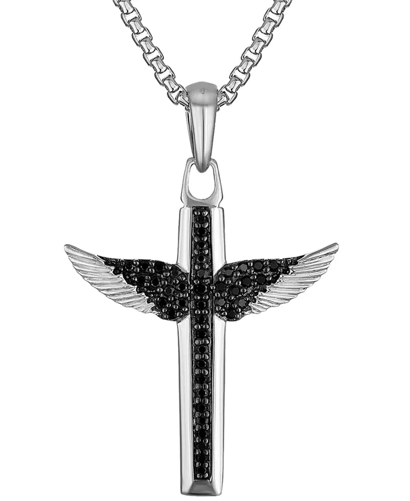 [1/2 Ct. T.W.] Sterling Silver-Plate Black Diamond Angel Wing Pendant