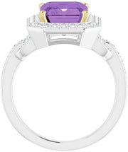 [14K, 1/2 CTW ]Yellow-White Two Tone Gold Amethyst & Diamond Ring