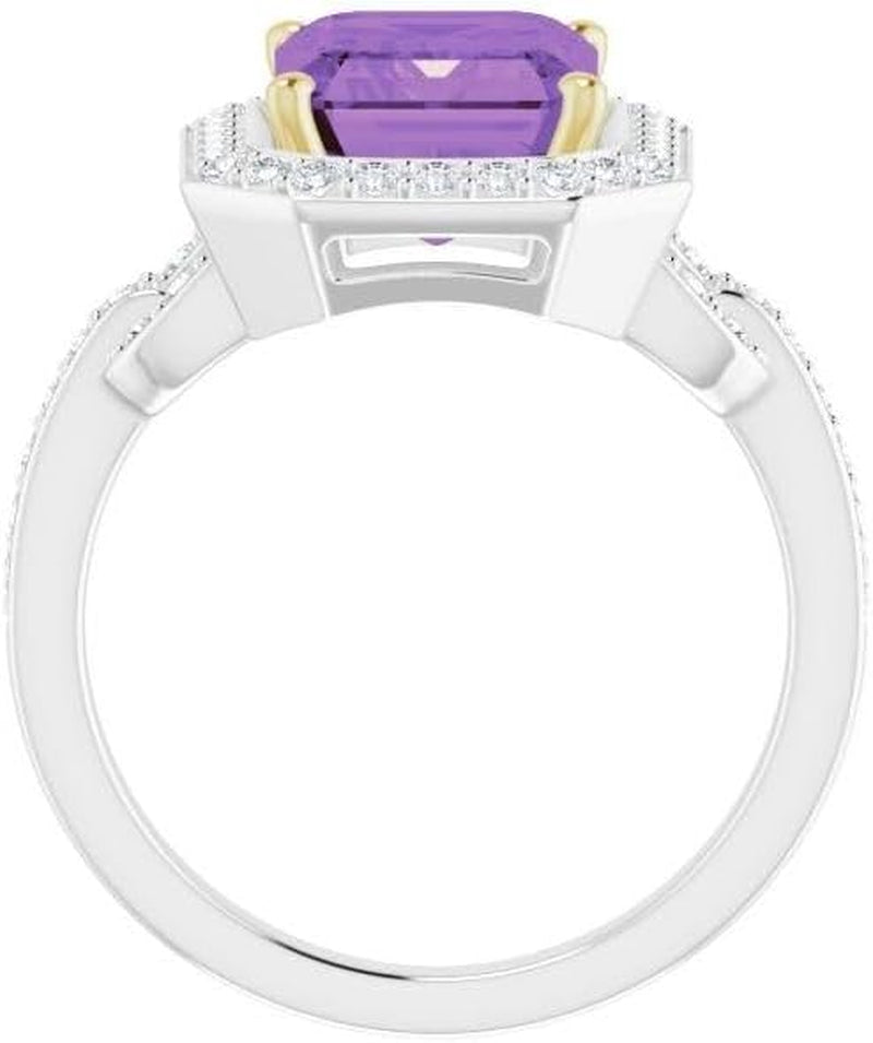 [14K, 1/2 CTW ]Yellow-White Two Tone Gold Amethyst & Diamond Ring