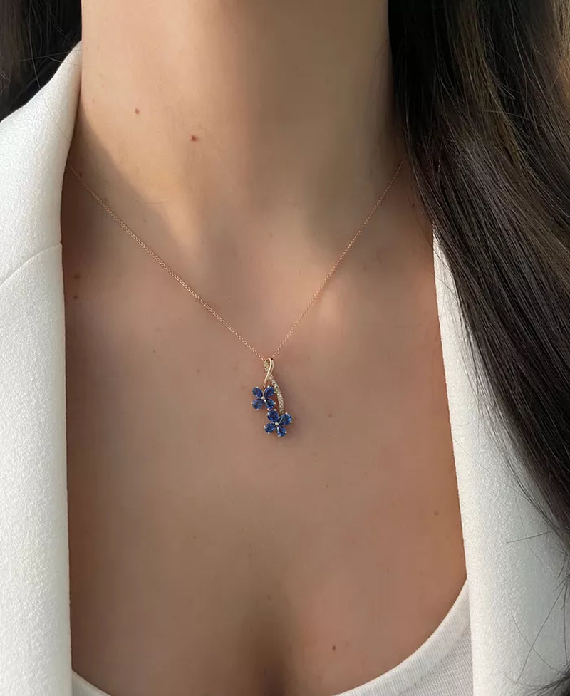 [14K] Rose Gold Blueberry Sapphire (1-1/2 Ct. T.W.) & Nude Diamond (1/10 Ct. T.W.) Flower Necklace