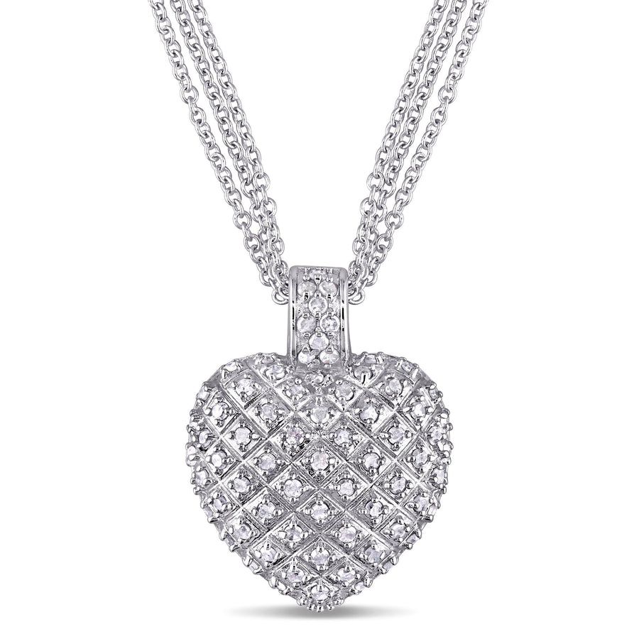 [1 Cttw] Sterling Silver & Diamond Pave-Set Clustered Heart Necklace