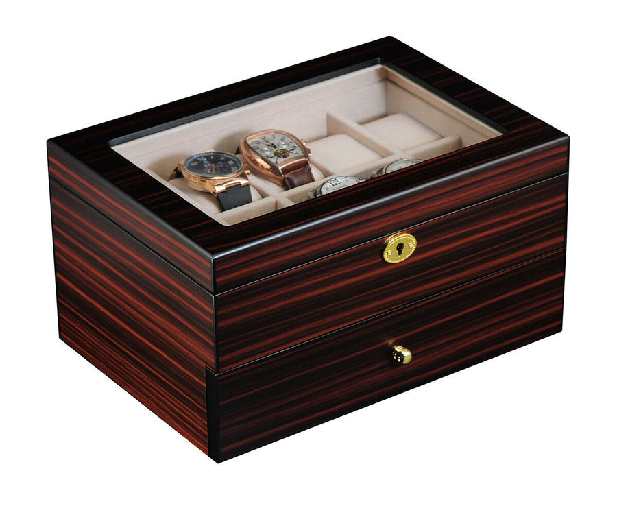 Watch & Jewelry Box with Glass Top Lid, 20 Slot Wooden Watch Holder Display Case