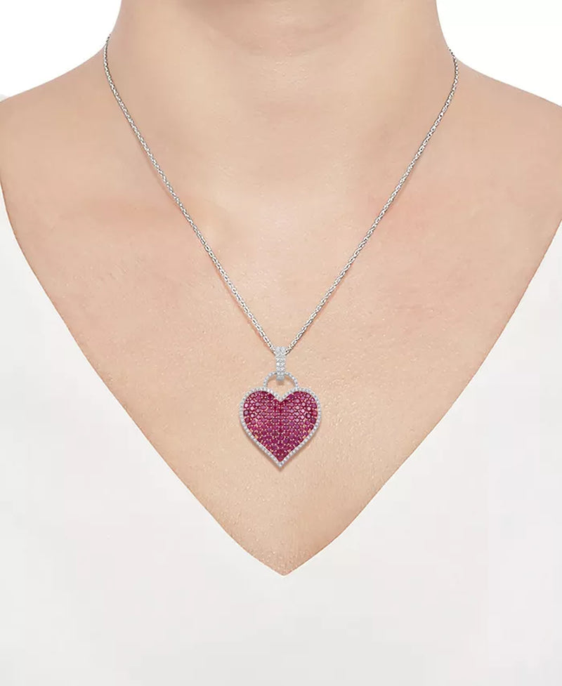 [14K] White Gold Ruby (6-1/2 Ct. T.W.) - Diamond (1/2 Ct. T.W.) Pave Heart Pendant