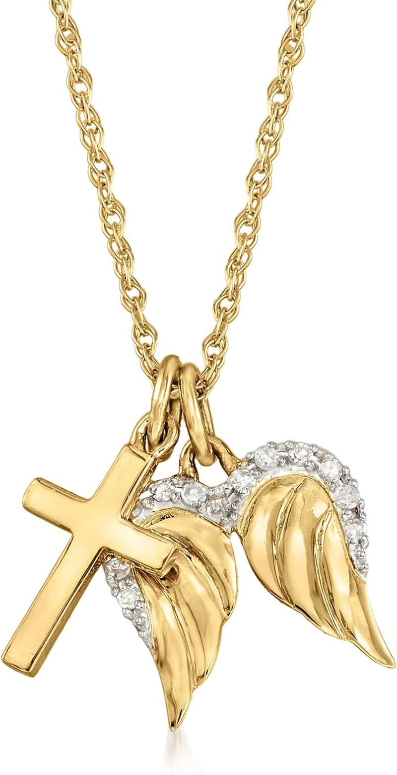 [14K] Yellow Gold Cross & Angel Wings Pendant Necklace with Diamond Accents