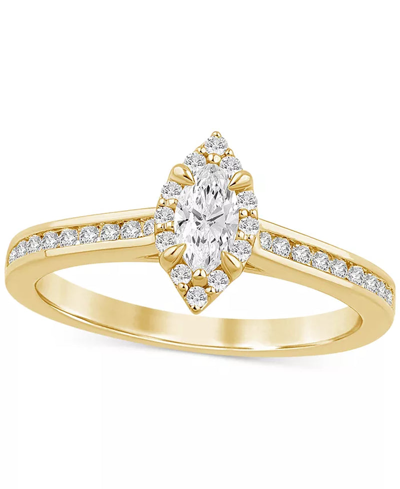 [14K, 1/2 Ct. T.W] Gold Diamond Marquise Halo Engagement Ring