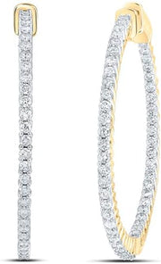 [14Kt, 2 Cttw] Yellow Gold Round Diamond Slender Hoop Earrings 