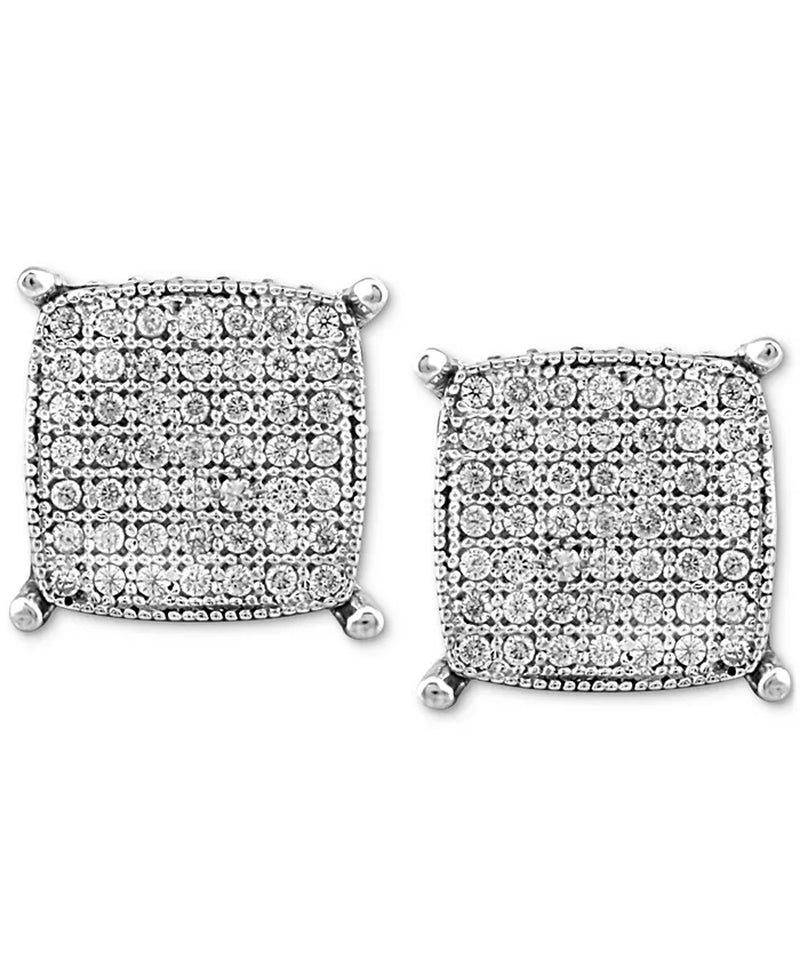 [1/4 Ct. T.W.] Men's Sterling Silver Diamond Cushion Cluster Stud Earrings