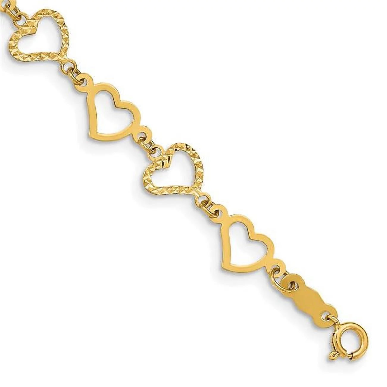 14K Yellow Gold Flat Diamond-Cut Open Hearts 7.5 In. Bracelet