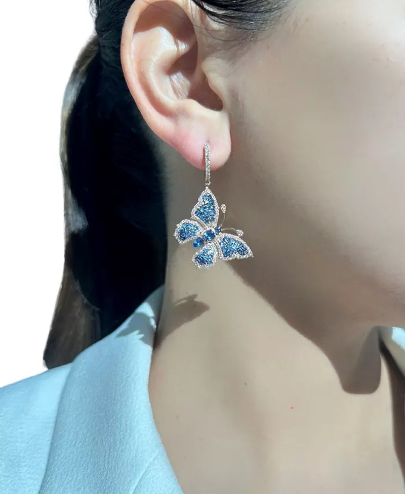 [14K] Rose Gold Multi-Sapphire (3-1/4 Ct. T.W.) & Diamond (7/8 Ct. T.W.) Butterfly Drop Earrings