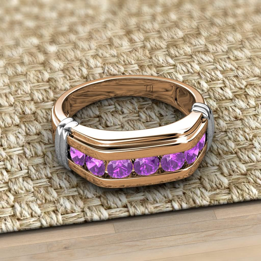 round Amethyst 1 Ctw 7 Stone Channel Set Men Wedding Ring 14K Rose Gold-10