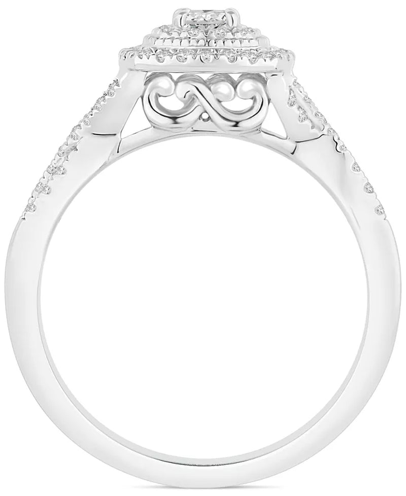 [14K, 5/8 Ct. T.W.] White Gold Diamond Cushion Halo Twist Bridal Set