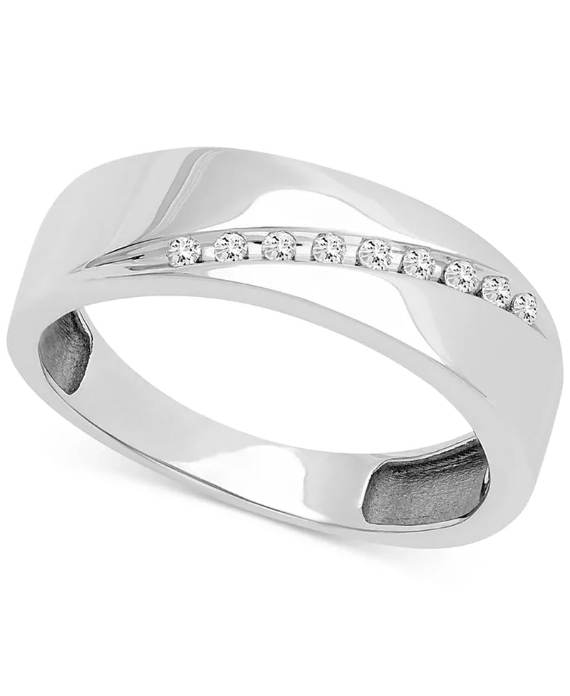 [14K, 1/10 Ct. T.W.] White Gold Men's Diagonal  Diamond Wedding Band