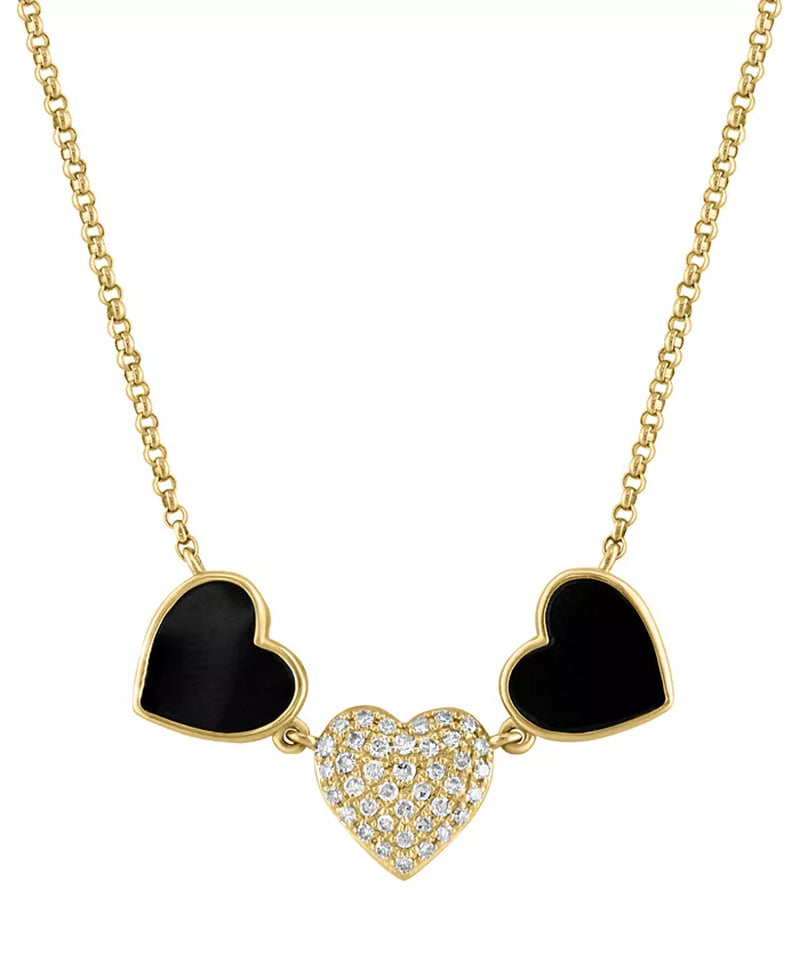 [14K, 1/10 Ct. T.W.] Gold Onyx & Diamond Heart Collar Necklace