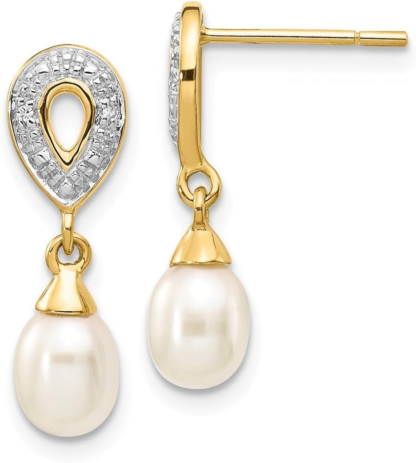 [14K, .01Ct ] Yellow Gold White Teardrop Cultured Pearl Diamond Earrings