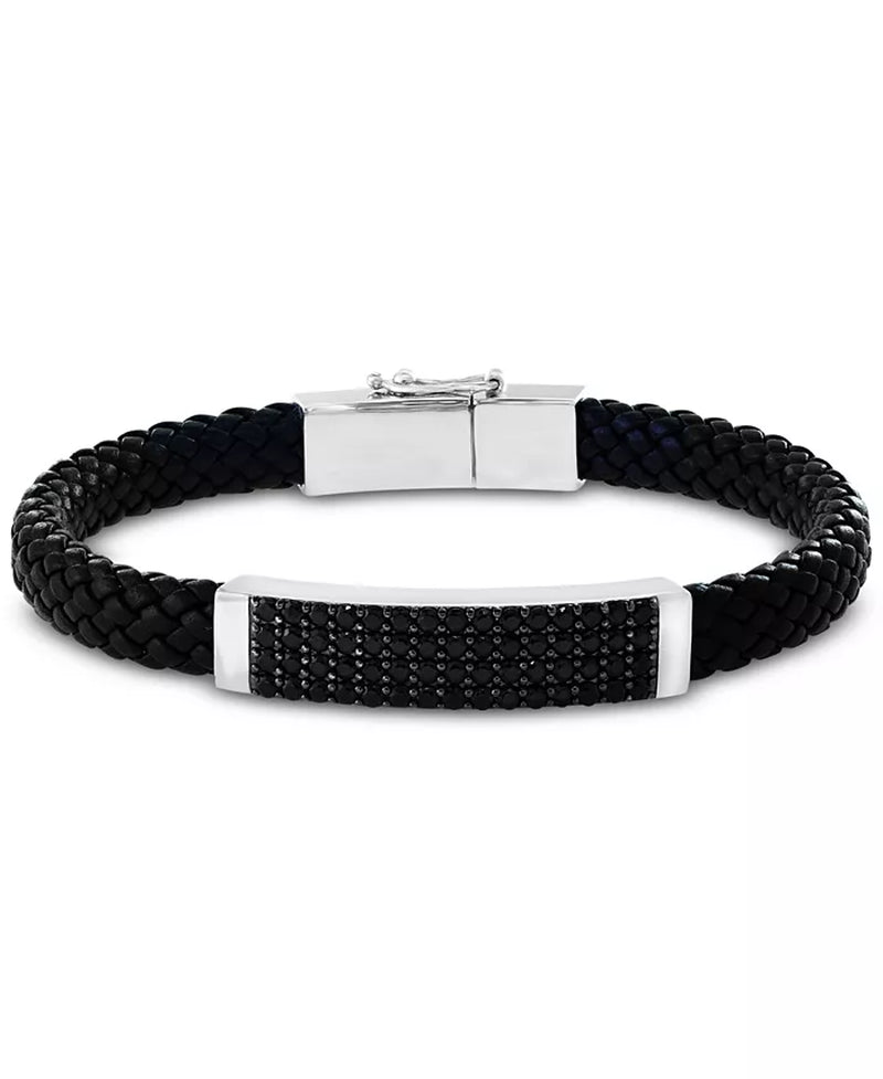 Men's Sterling Silver Black Spinel Braided Leather Bracelet