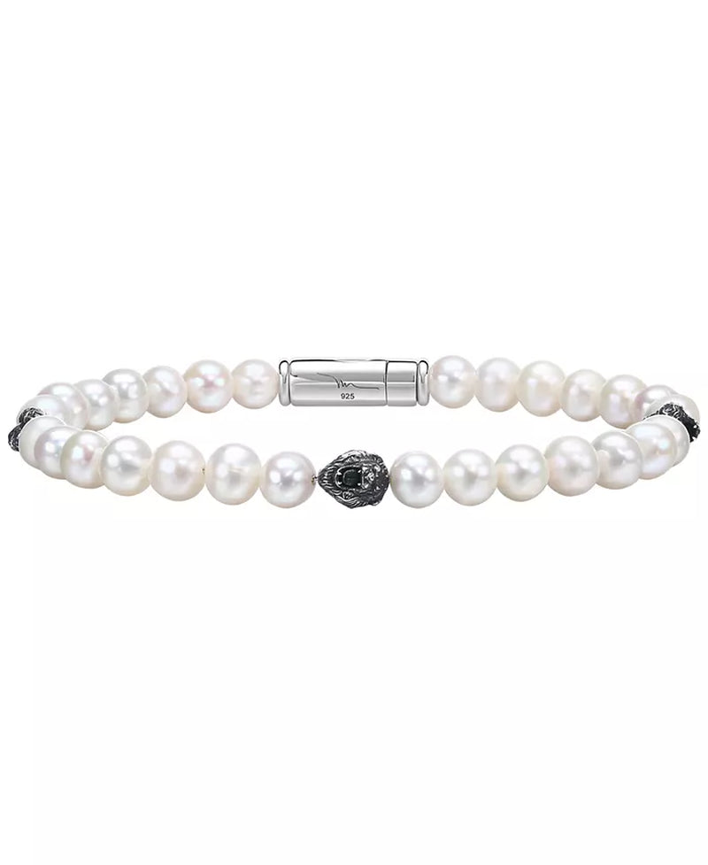 Sterling Silver-Plate Mens Freshwater Pearl & Lion Beaded Bracelet