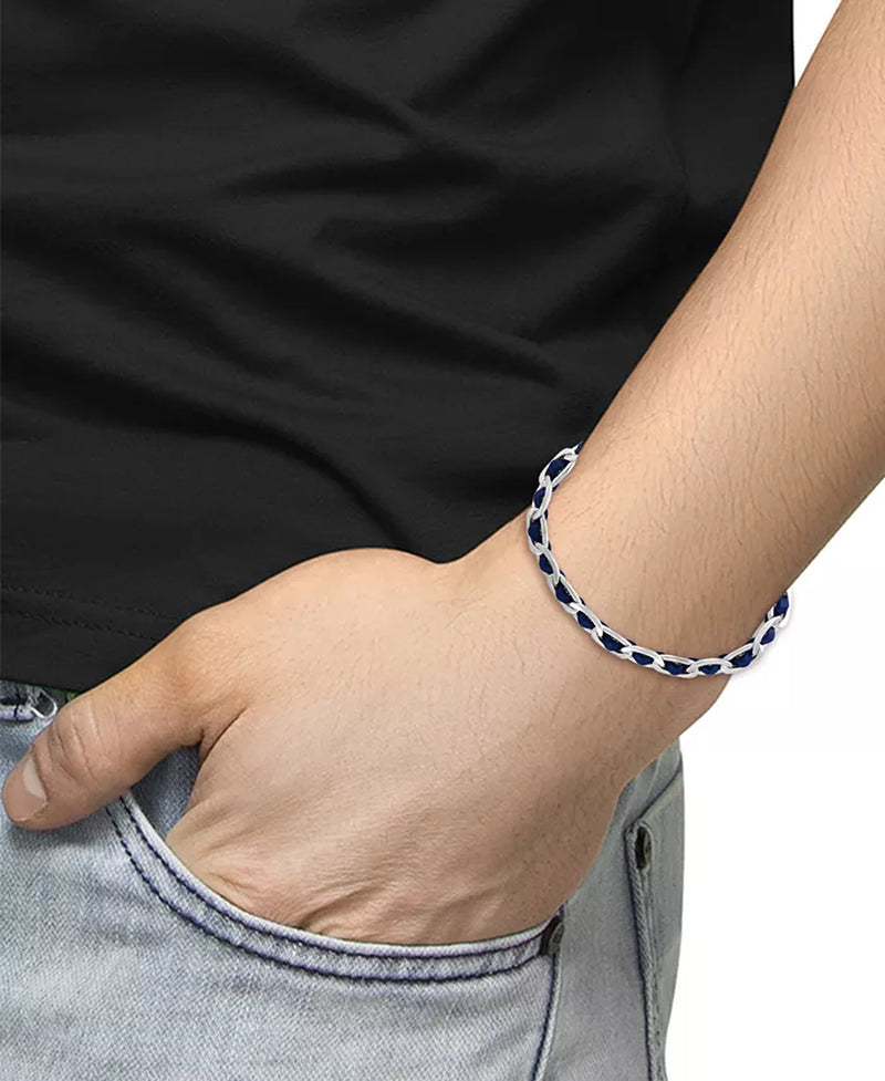 Men's Sterling Silver Blue Leather Woven Link Bracelet