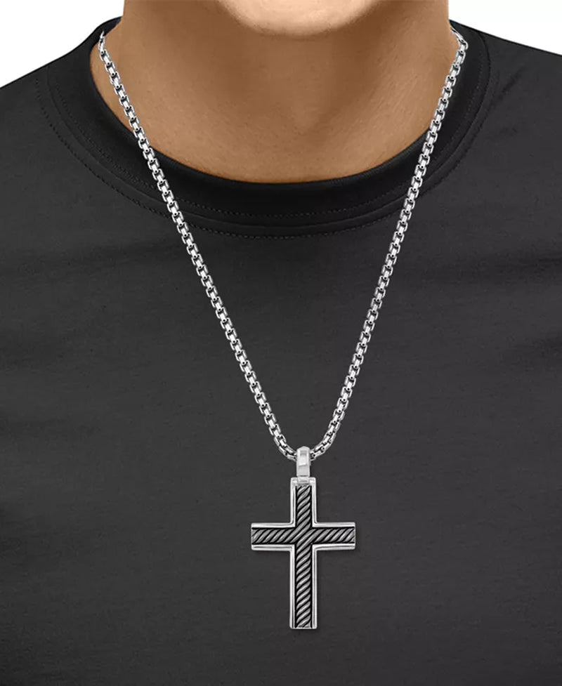 Men's Sterling Silver & Black Rhodium Cross 22" Pendant Necklace