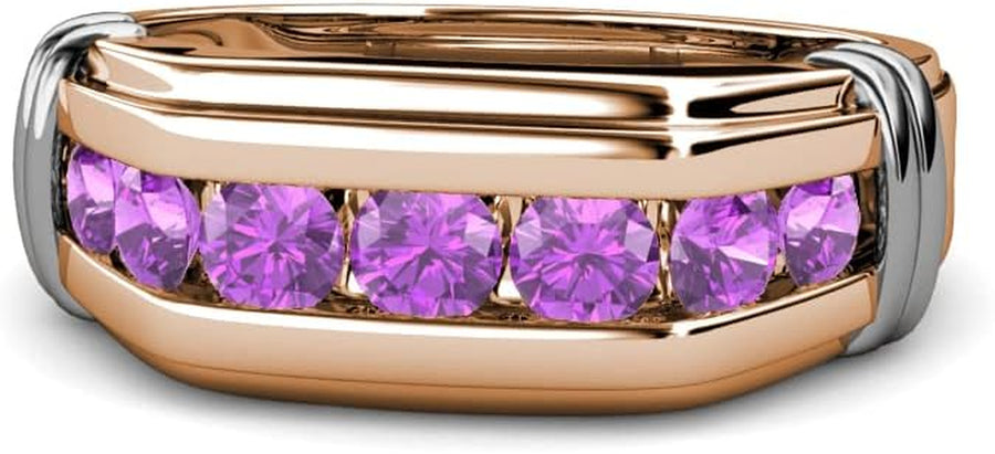 [14K, 1 Ctw] Rose Gold Rround Amethyst  7 Stone Channel Wedding Ring