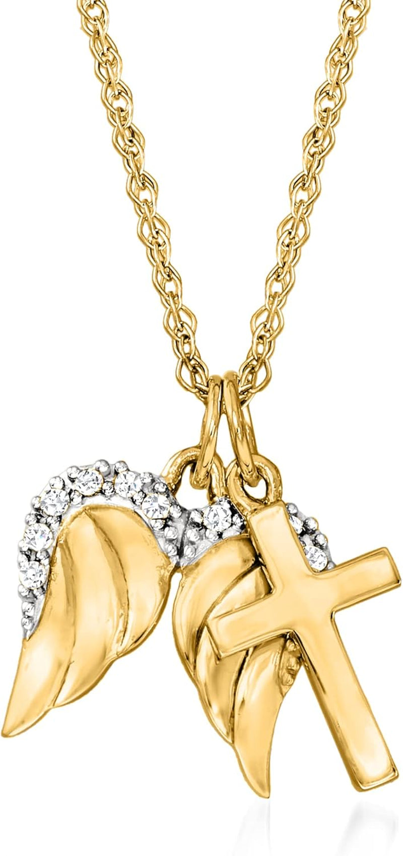 [14K] Yellow Gold Cross & Angel Wings Pendant Necklace with Diamond Accents