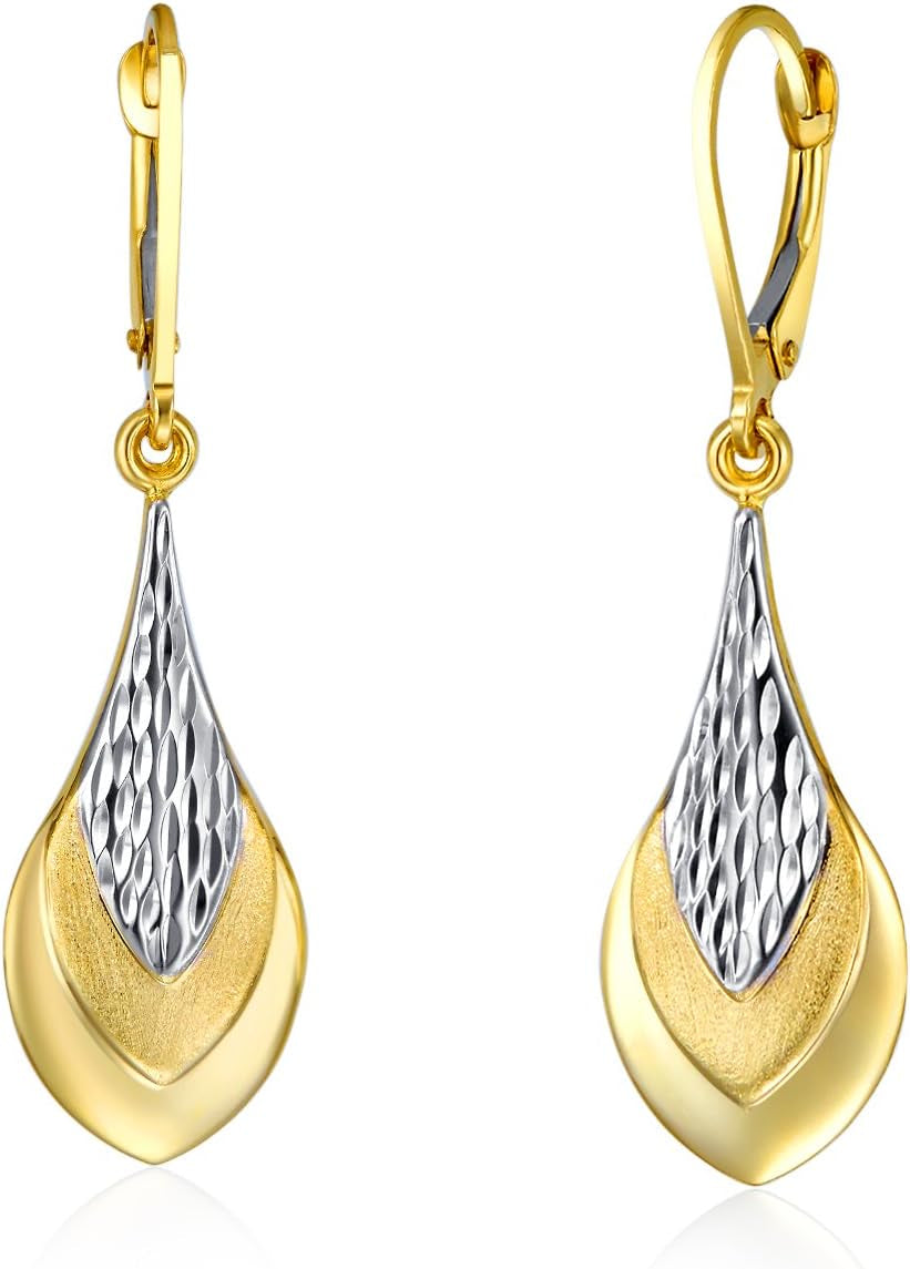 [14K, 42 X 12 Mm] Two Tone Yellow & White Gold Polished Teardrop Earrings