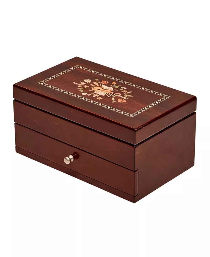 Walnut Woodgrain Jewelry Box with Florentine Marquetry Motif