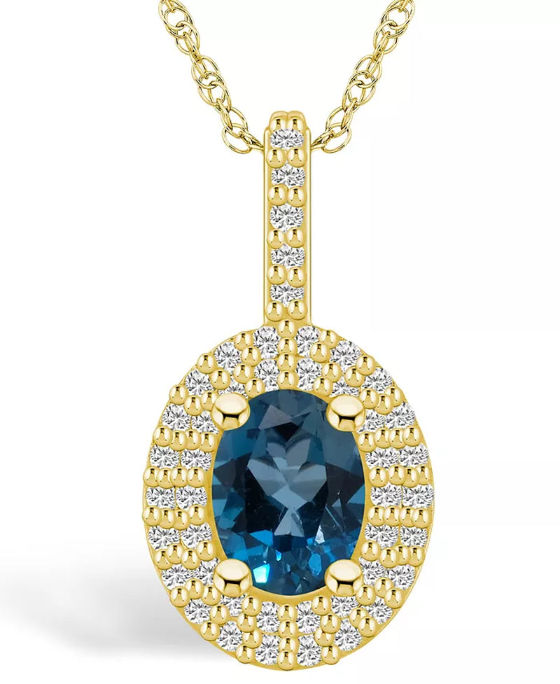 [14K] Yellow Gold London Blue Topaz (1-5/8 Ct. T.W.) & Diamond (1/2 Ct. T.W.) Halo Pendant