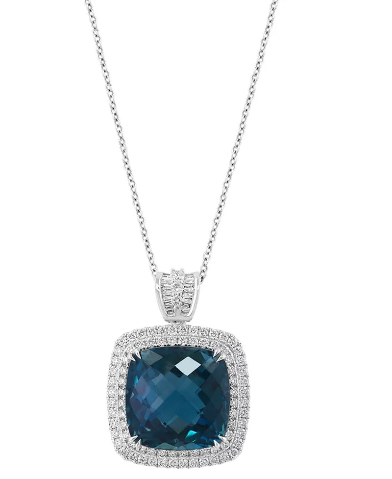 [14K] White Gold  London Blue Topaz (11-3/4 Ct. T.W.) & Diamond (7/8 Ct. T.W.) Halo Necklace