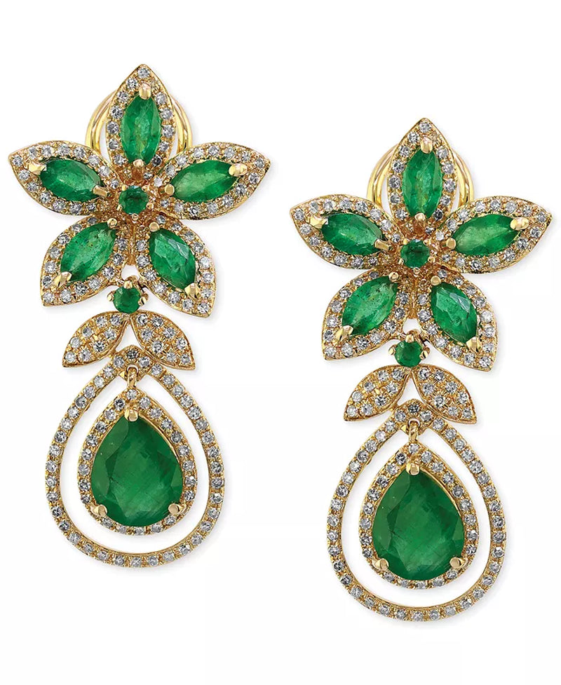 [14K] White Gold  Emerald (5-1/4 Ct. T.W.) & Diamond (1-1/4 Ct. T.W.) Teardrop Earrings