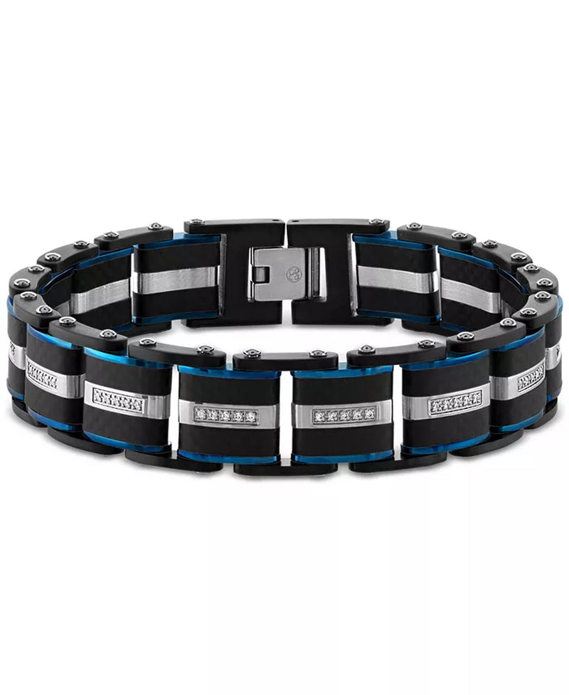 [1/3 Ct. T.W.] Blue & Black Ion-Plated Stainless Steel Diamond & Carbon Fiber Link Bracelet