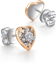 [18K, 0.107 Cttw] White & Rose Gold Heart Diamond Stud Earrings